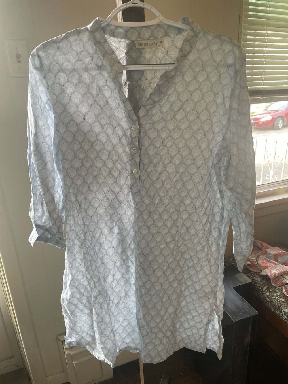 Mahogany Blue and White Scallop Print Cotton Tunic Blouse